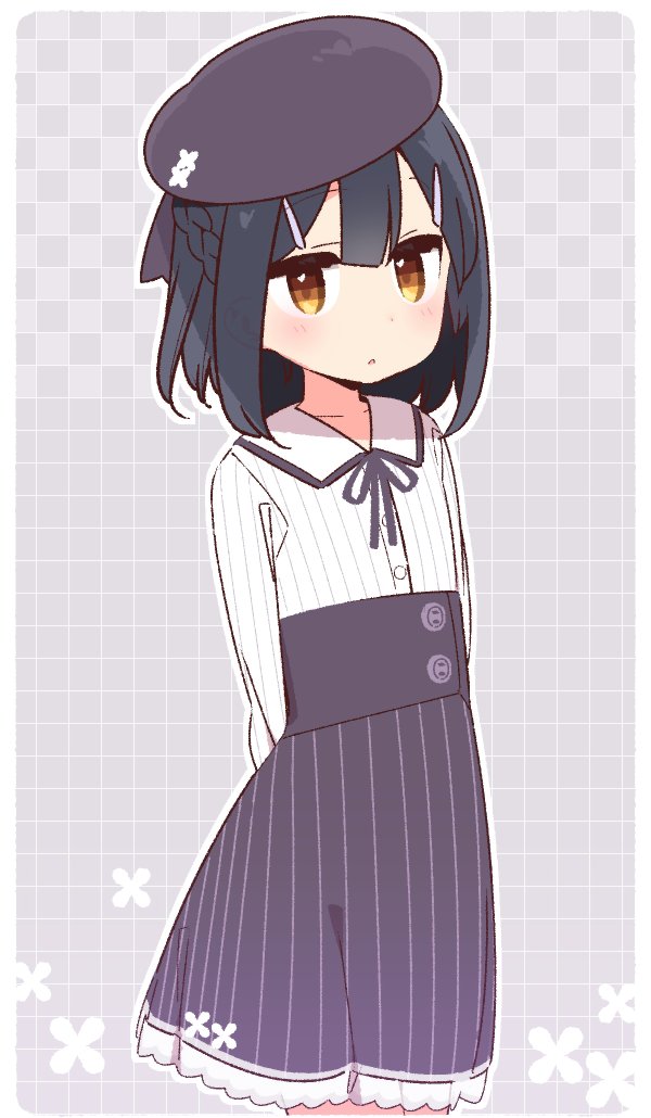 1girl arms_behind_back beret black_hair black_headwear black_ribbon black_skirt blush braid brown_eyes checkered checkered_background collared_shirt commentary_request dress_shirt fate/kaleid_liner_prisma_illya fate_(series) floral_background grey_background hat high-waist_skirt looking_at_viewer miyu_edelfelt neck_ribbon parted_lips ribbon shirt skirt solo striped striped_shirt vertical-striped_shirt vertical-striped_skirt vertical_stripes white_shirt yoru_nai