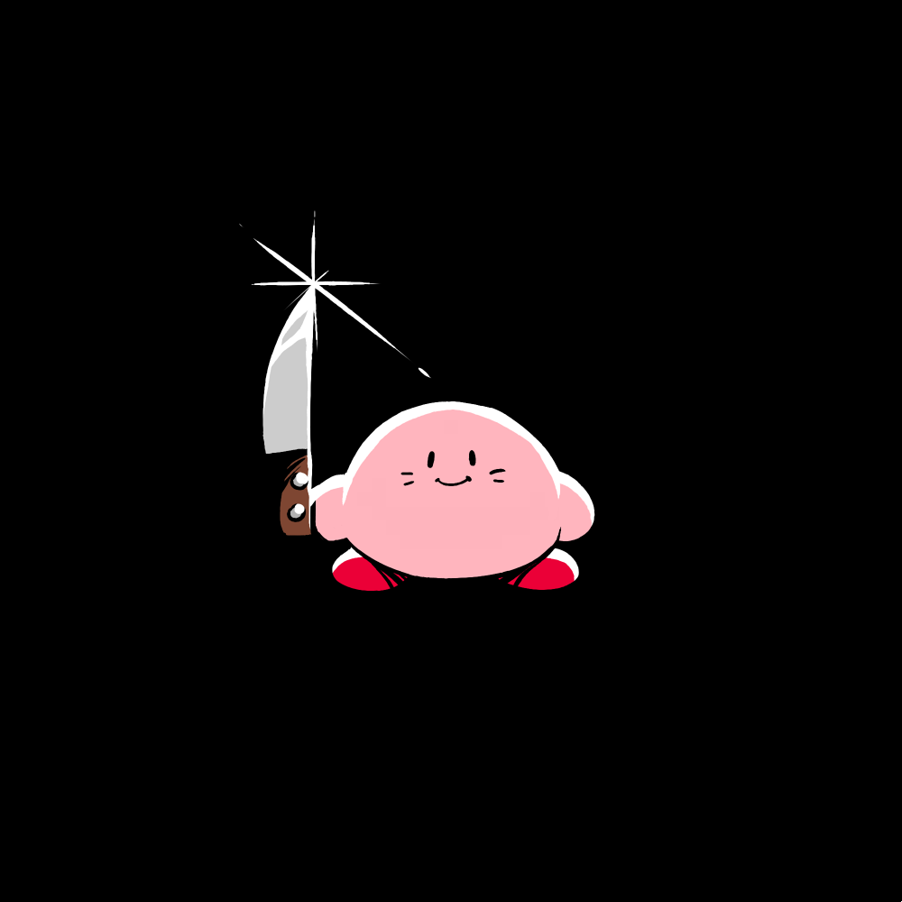 black_background closed_mouth glint holding holding_knife horror_(theme) kirby kirby_(series) knife looking_at_viewer no_humans rariatto_(ganguri) simple_background solo