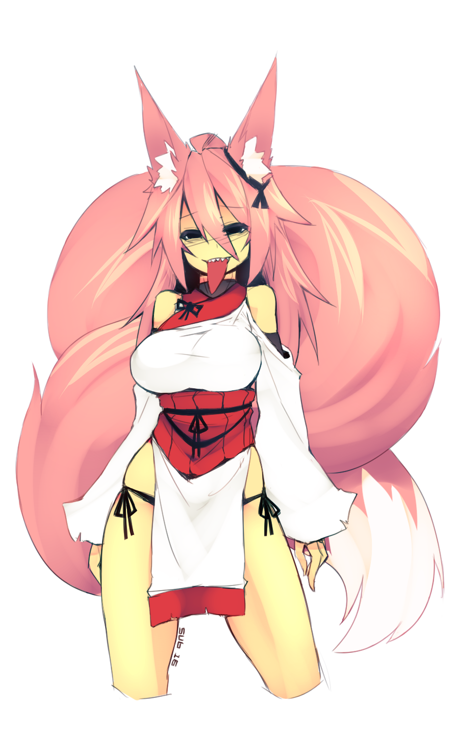 1girl animal_ear_fluff arms_at_sides bare_shoulders black_panties breasts contrapposto cropped_legs fox_tail hair_between_eyes highres large_breasts large_tail long_sleeves long_tongue looking_at_viewer momo_(sub-res) original panties pelvic_curtain pink_hair sharp_teeth side-tie_panties signature simple_background skindentation smile solo sub-res tail teeth tongue tongue_out underwear white_background
