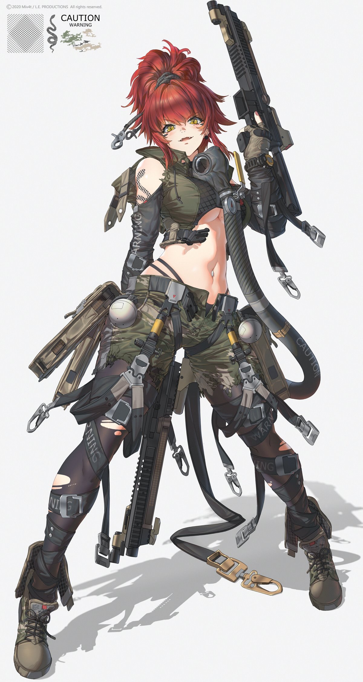 1girl :d bare_shoulders belt belt_pouch boots breasts camouflage camouflage_shorts cross-laced_footwear dual_wielding earrings explosive fangs fingerless_gloves full_body gas_mask gloves grenade gun high_ponytail highres holding jewelry large_breasts midriff mivit navel open_mouth original pantyhose parted_lips pouch redhead rifle shadow shorts shoulder_cutout slit_pupils smile snake_tattoo snap-fit_buckle solo torn_clothes torn_legwear trigger_discipline tube watch watch weapon weapon_request yellow_eyes
