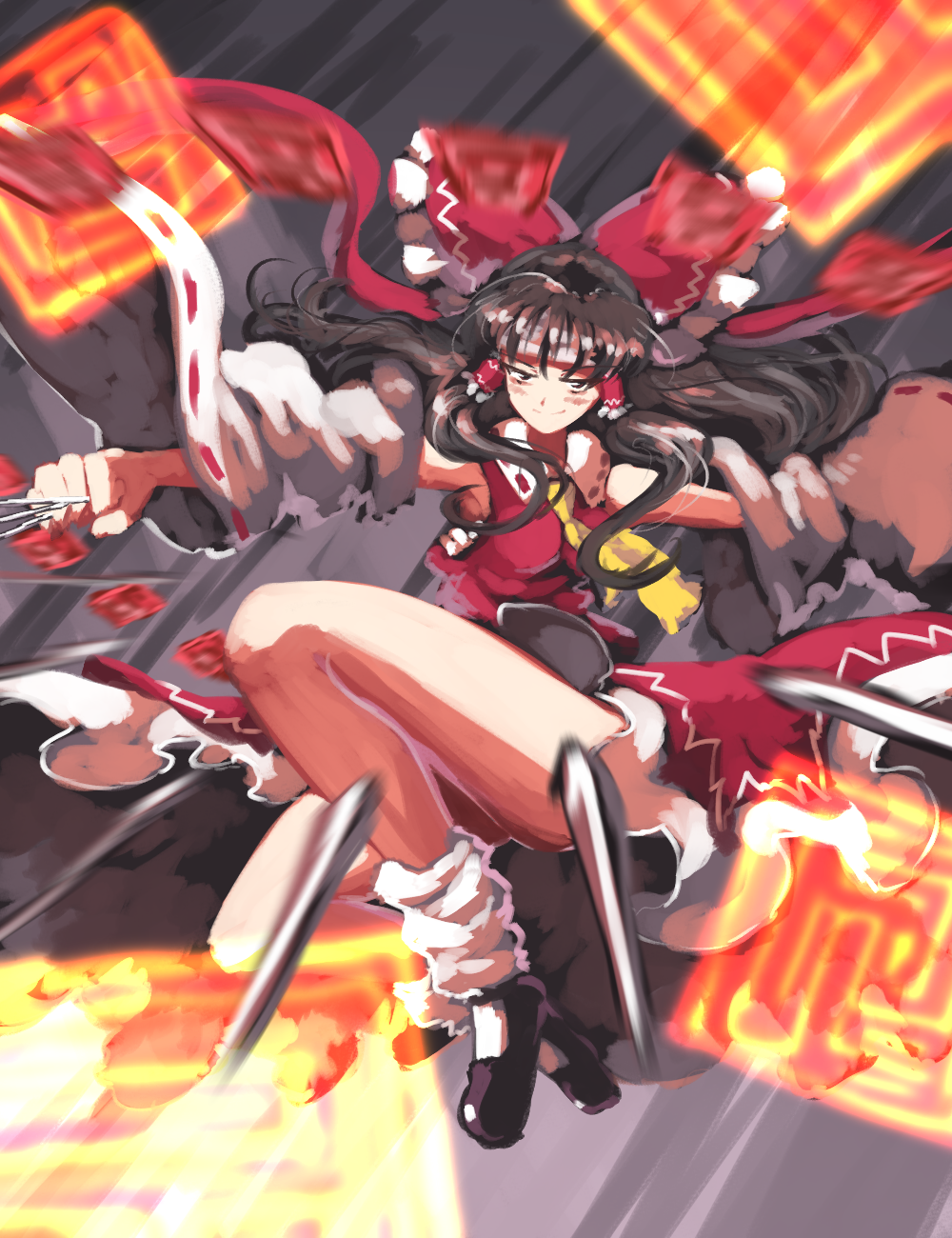 &gt;:) 1girl abstract abstract_background attack black_footwear blush bow brown_hair clenched_hand closed_mouth collar collared_shirt cravat detached_sleeves dress eyebrows eyebrows_visible_through_hair floating floating_clothes floating_hair frilled_dress frills full_body hair_ribbon hair_tubes hakurei_reimu headwear highres holding holding_weapon leg_warmers legs_up long_hair long_sleeves looking_at_viewer mary_janes neckwear needle ofuda open_eyes red_bow red_ribbon red_shirt red_skirt ribbon ribbon-trimmed_collar ribbon-trimmed_sleeves ribbon_trim sarashi shaded_face shirt shoes skirt smile solo sunyup touhou v-shaped_eyebrows weapon wide_sleeves yellow_neckwear