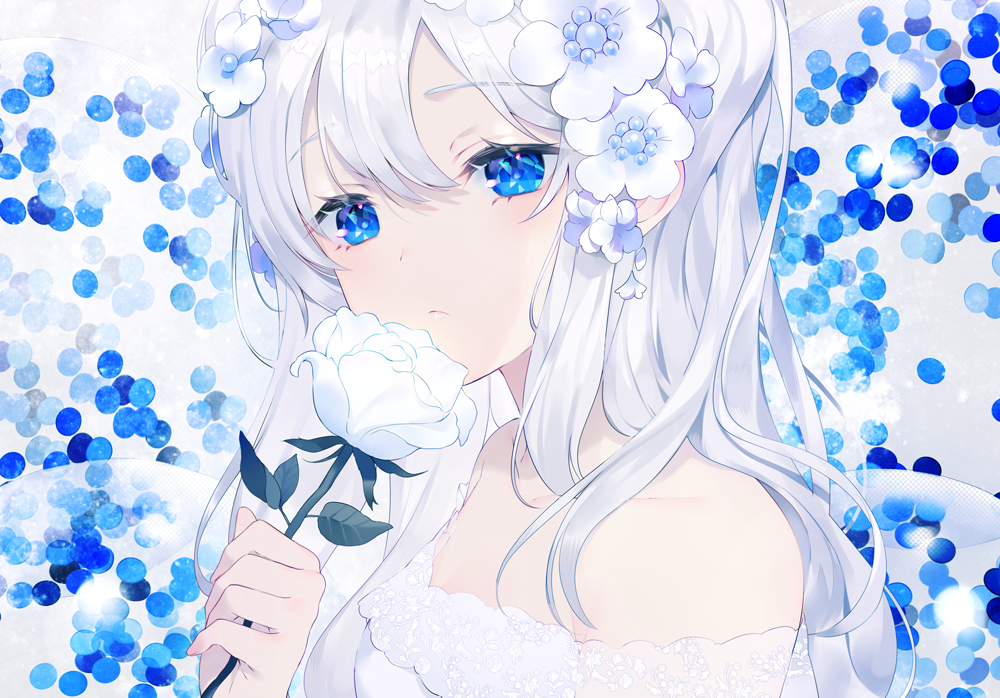 1girl achiki bangs bare_shoulders blue_eyes closed_mouth collarbone commentary_request dress eyebrows_visible_through_hair flower hair_between_eyes hair_flower hair_ornament hand_up holding holding_flower long_hair looking_at_viewer original rose silver_hair solo strapless strapless_dress white_dress white_flower white_rose