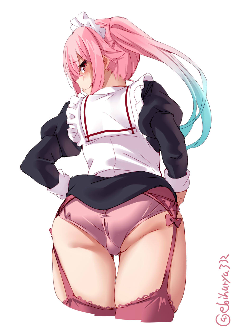 1girl ass back blue_hair cowboy_shot ebifurya frills gradient_hair harusame_(kantai_collection) highres kantai_collection looking_back maid maid_headdress multicolored_hair panties pink_hair pink_panties red_eyes side_ponytail skirt skirt_lift twitter_username underwear white_background