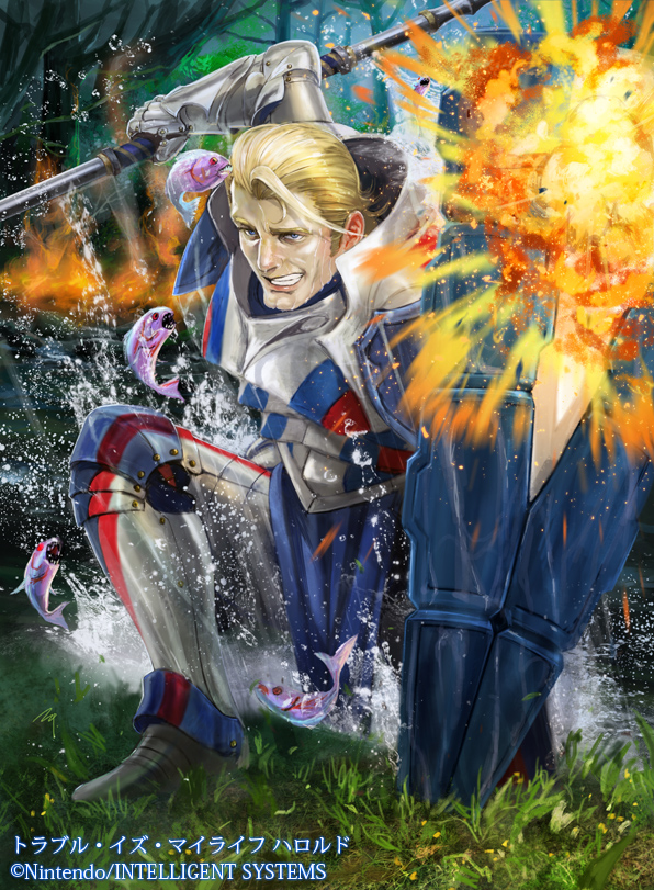 1boy alternate_costume armored_boots arthur_(fire_emblem) blonde_hair blue_eyes boots fire fire_emblem fire_emblem_cipher fire_emblem_fates fish gloves grass ippei_soeda official_art polearm red_eyes shield solo spear teeth tree water weapon