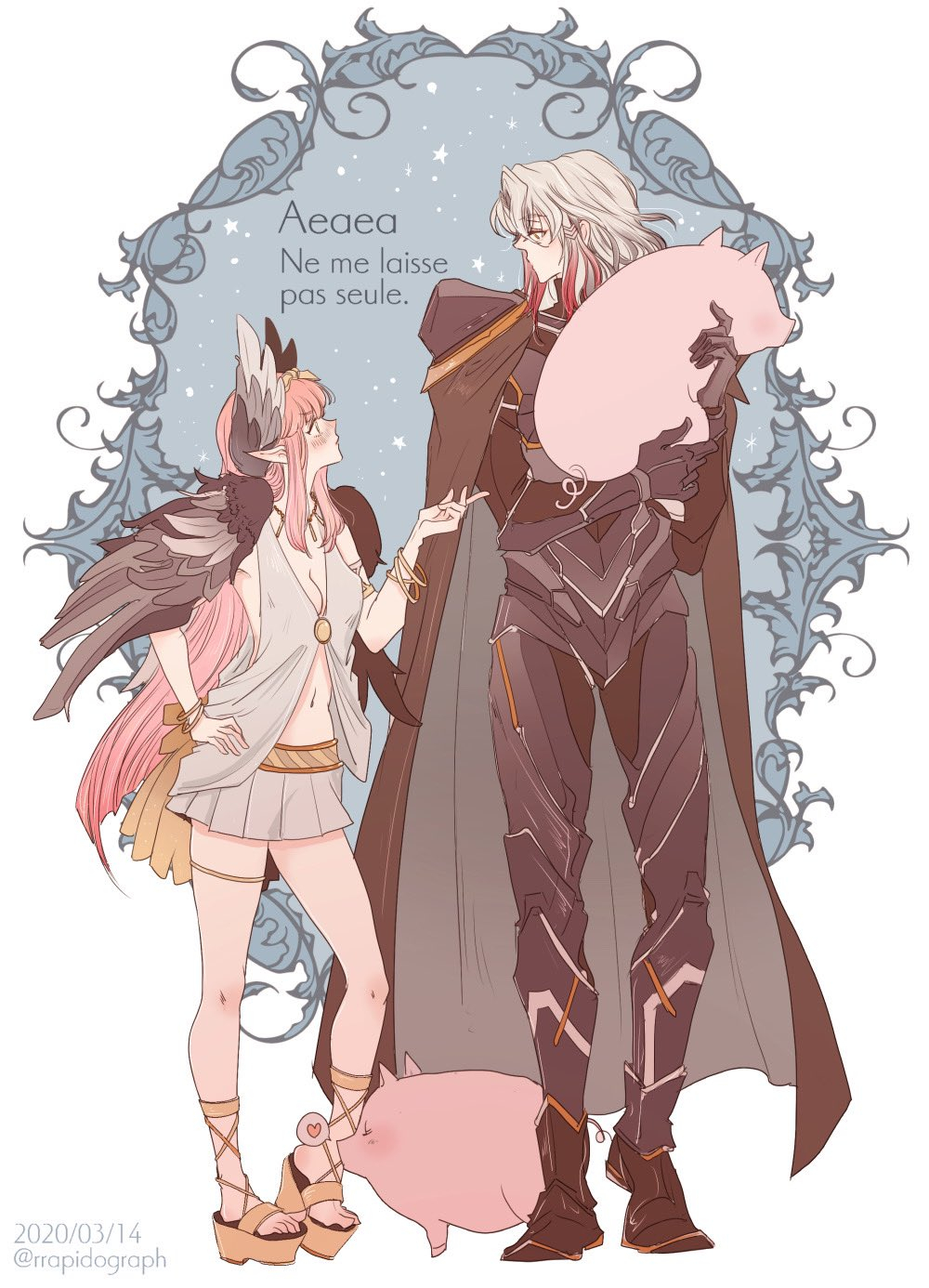 1boy 1girl armlet armor artist_name blush body_armor breasts cape circe_(fate/grand_order) dated diadem fate/grand_order fate_(series) feathered_wings feathers french_text head_wings heart height_difference highres jewelry long_hair looking_each_other multicolored multicolored_eyes multicolored_hair necklace odysseus_(fate/grand_order) pig pink_hair platform_footwear pointy_ears redhead sai_(non-collier) simple_background skirt small_breasts tunic two-tone_hair white_hair white_skirt wings