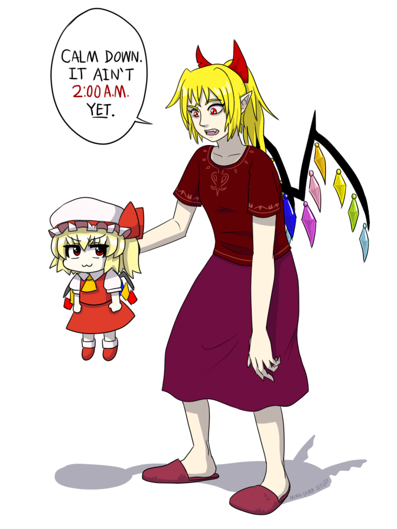 2girls alternate_costume ascot blonde_hair dated dress eyebrows_visible_through_hair fang flandre_scarlet hat hat_ribbon mima-sama mob_cap multiple_girls open_mouth pointy_ears ponytail purple_skirt red_eyes red_footwear red_ribbon red_skirt red_vest ribbon shirt short_hair short_sleeves signature skirt slippers smile touhou vest wings yamato_damashi yellow_neckwear