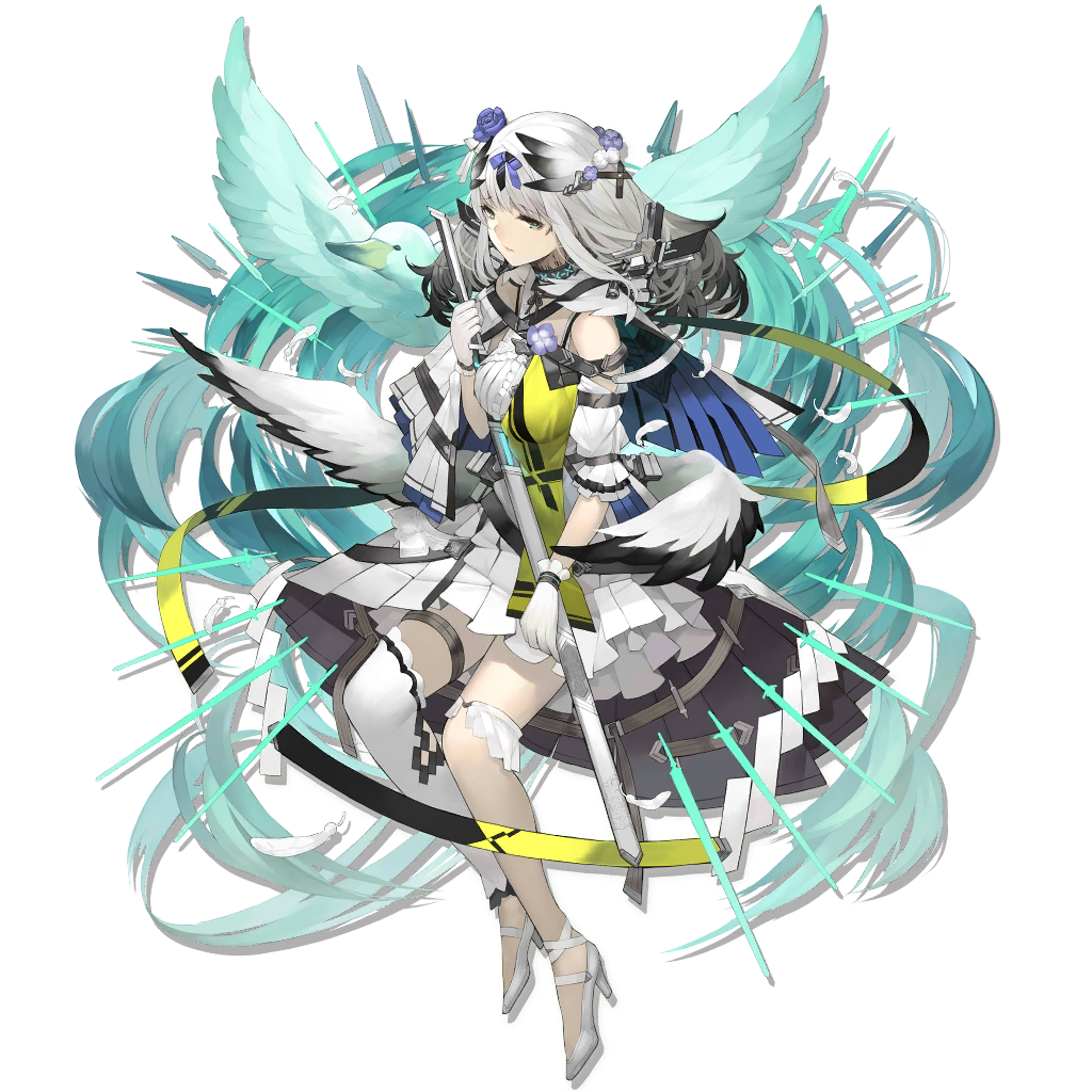 1girl arknights bangs bare_shoulders bibeak_(arknights) bird blue_flower blue_rose capelet dress elite_ii_(arknights) eyebrows_visible_through_hair flower gloves green_dress grey_eyes hair_flower hair_ornament high_heels holding holding_sword holding_weapon long_hair looking_at_viewer low_wings official_art puffy_short_sleeves puffy_sleeves rayvon rose scabbard sheath short_sleeves silver_hair solo sword thigh_strap transparent_background weapon white_footwear white_gloves wings
