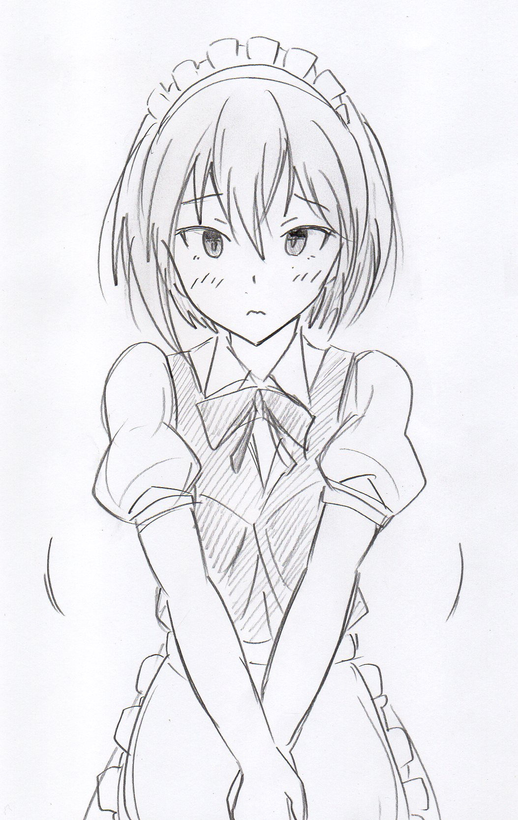 alternate_costume anetani_anne apron bangs blush bob_cut bow bowtie embarrassed graphite_(medium) hairband hands_together highres light_frown looking_at_viewer maid_apron maid_headdress mechanical_pencil motion_lines murenase!_shiiton_gakuen pencil potekite raised_eyebrows short_hair sketch traditional_media