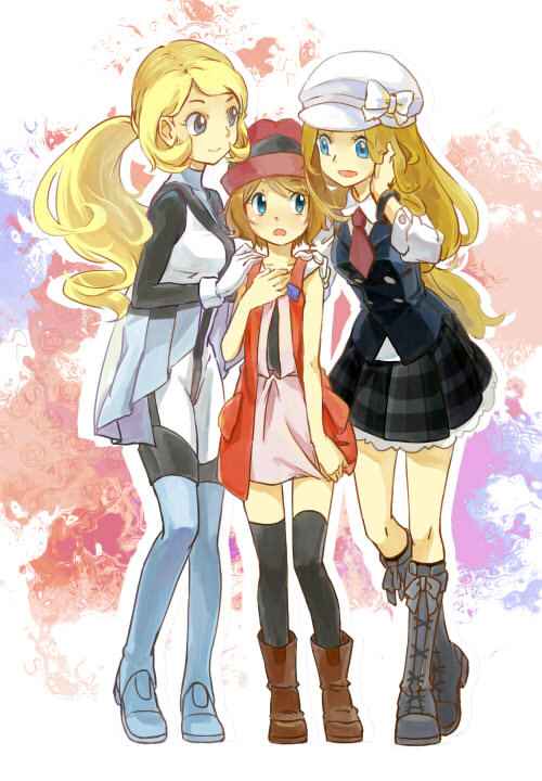 3girls annotated black_footwear black_legwear blue_eyes blue_footwear boots breasts brown_footwear eye_contact flat_chest full_body gloves height_difference long_hair looking_at_another multiple_girls multiple_persona necktie pokemon pokemon_(anime) pokemon_(game) pokemon_special pokemon_xy pokemon_xy_(anime) ponytail serena_(pokemon) shiro_q~ short_hair sky_trainer_uniform small_breasts smile standing thigh-highs tied_hair uniform white_gloves y_na_gaabena