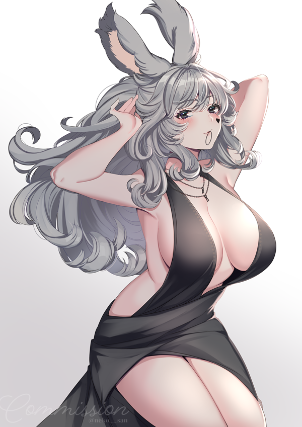 1girl animal_ears arms_up bare_arms bare_shoulders black_dress blush breasts closed_mouth commission dress facial_mark gradient gradient_background grey_background grey_eyes grey_hair hair_tie hair_tie_in_mouth halter_dress heart large_breasts long_hair looking_at_viewer mouth_hold neko-san_(dim.dream) original solo twitter_username tying_hair very_long_hair watermark white_background
