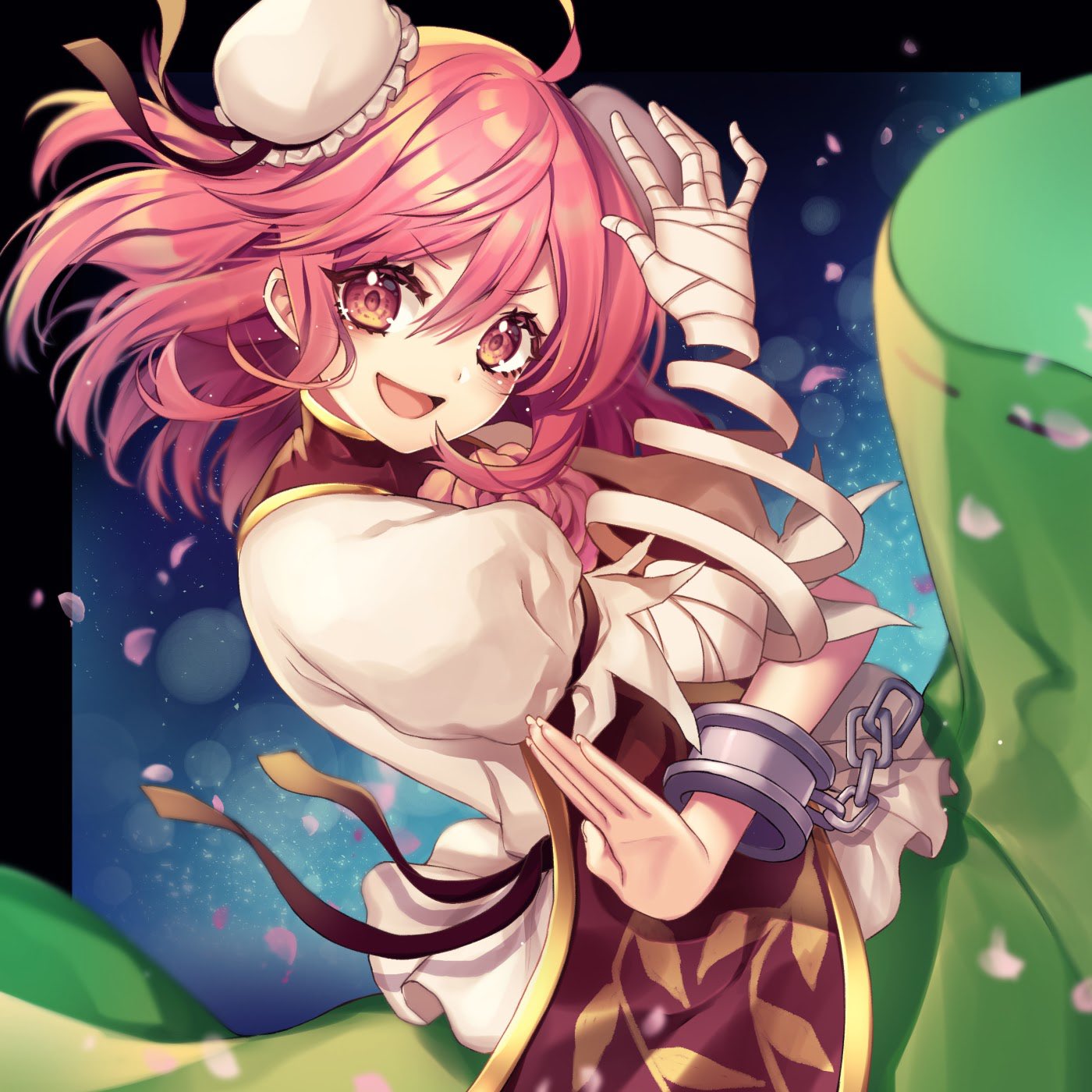 1girl :d ahoge bandaged_arm bandages bangs bun_cover chain commentary_request cuffs double_bun eyebrows_visible_through_hair flower green_skirt hair_between_eyes head_tilt highres ibaraki_kasen kyouda_suzuka looking_at_viewer open_mouth pink_eyes pink_flower pink_hair pink_rose puffy_short_sleeves puffy_sleeves rose shackles shirt short_hair short_sleeves skirt smile solo tabard touhou upper_body white_shirt
