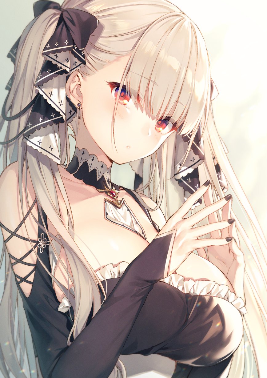 1girl azur_lane bangs black_bow black_dress black_nails bow breasts closed_mouth collarbone detached_collar dress earrings expressionless formidable_(azur_lane) frilled_dress frills hair_bow hands_up highres jewelry large_breasts long_hair long_sleeves looking_at_viewer nail_polish red_eyes shoulder_cutout silver_hair solo steepled_fingers toosaka_asagi twintails upper_body white_background