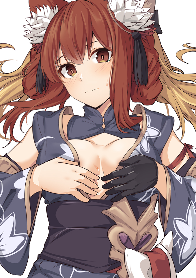 1girl animal_ears anthuria bare_shoulders black_gloves black_kimono blush breasts brown_eyes closed_mouth commentary_request erune gloves granblue_fantasy japanese_clothes kimono large_breasts long_hair looking_at_viewer redhead sash shiseki_hirame sidelocks single_glove solo tied_hair