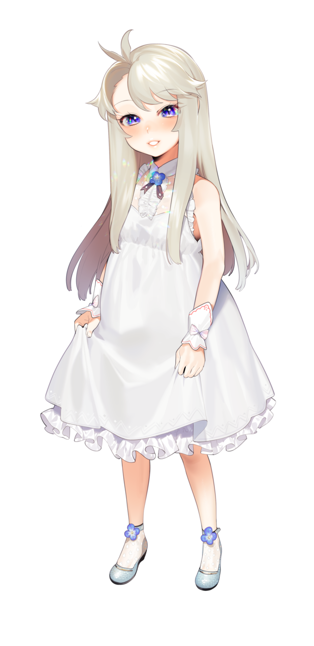 1girl antenna_hair bare_shoulders blue_flower blush dress eyebrows_visible_through_hair flat_chest flower full_body grey_footwear grey_hair hair_flaps herme_(ohisashiburi) highres long_hair looking_at_viewer ohisashiburi original pink_lips shoe_flower shoes smile solo transparent_background violet_eyes white_dress wristband