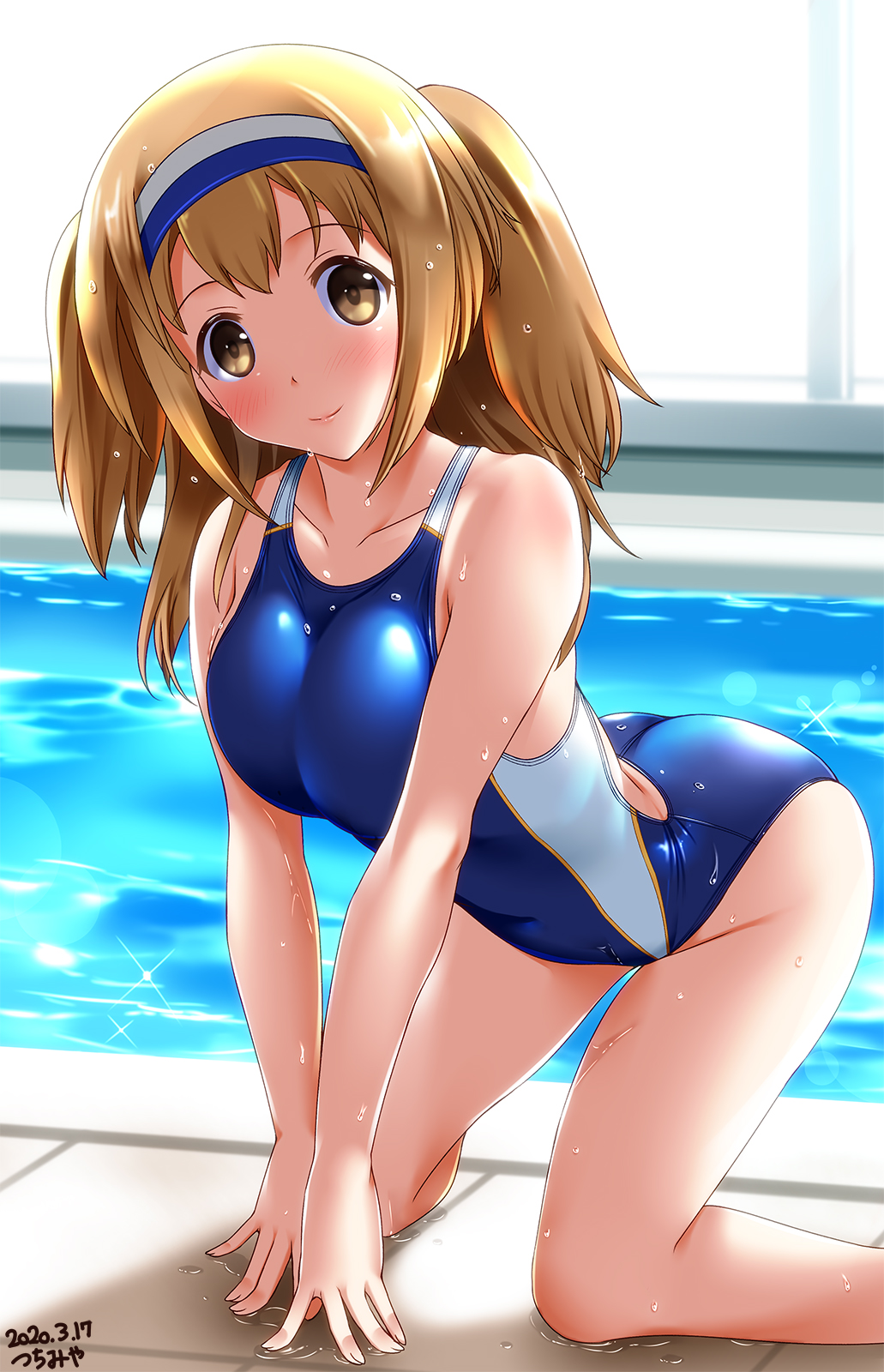 1girl adapted_costume all_fours ass blue_swimsuit breasts collarbone competition_swimsuit eyebrows_visible_through_hair hair_between_eyes hairband highres i-26_(kantai_collection) indoors kantai_collection light_brown_eyes light_brown_hair lips looking_at_viewer medium_breasts one-piece_swimsuit pool poolside reflection rei_no_pool shiny_swimsuit smile solo sunlight swimsuit tsuchimiya two-tone_hairband water wet wet_clothes wet_swimsuit window