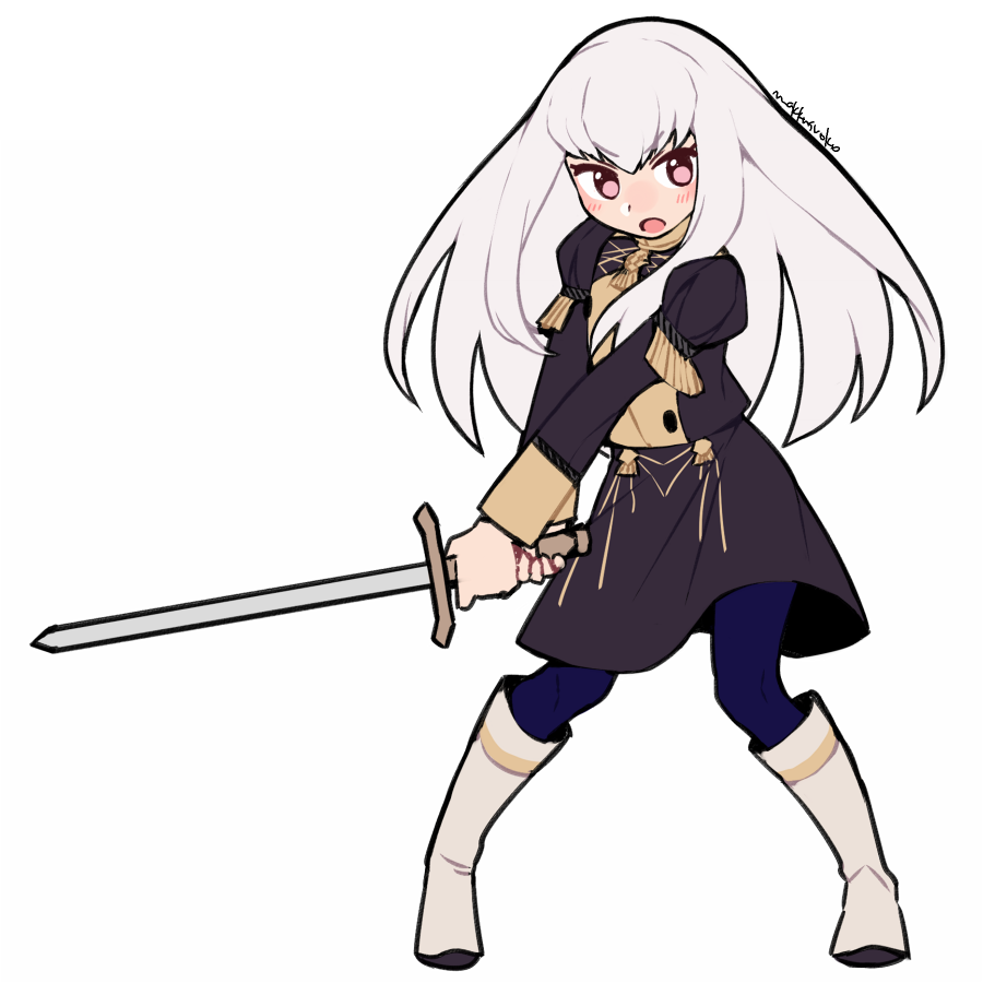 1girl artist_name blue_legwear boots do_m_kaeru fire_emblem fire_emblem:_three_houses full_body garreg_mach_monastery_uniform holding holding_sword holding_weapon knee_boots long_hair long_sleeves lysithea_von_ordelia open_mouth pink_eyes simple_background solo sword uniform weapon white_background white_hair