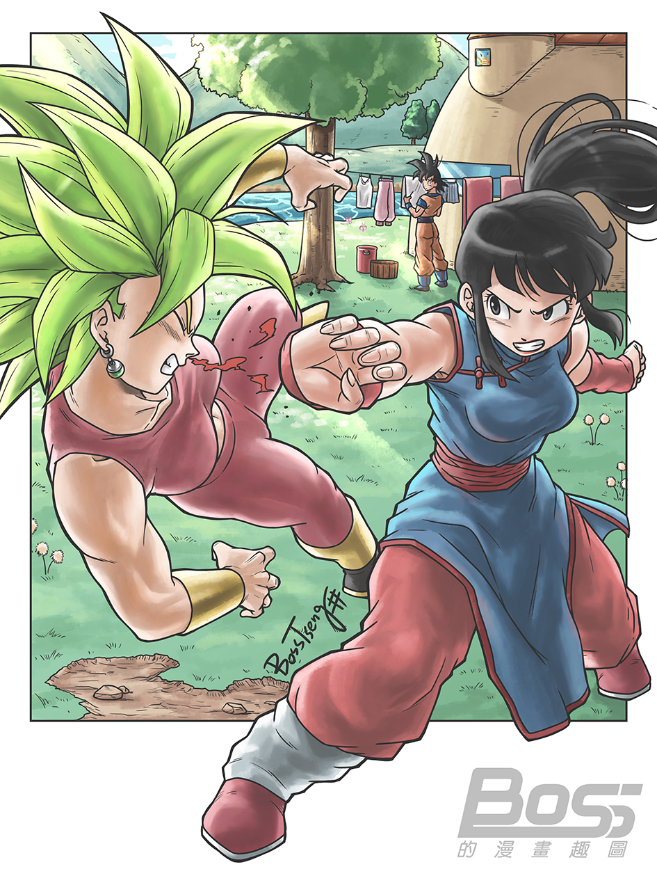 1boy 2girls black_eyes black_hair bosstseng breasts chi-chi_(dragon_ball) chinese_clothes clenched_teeth crop_top dougi dragon_ball dragon_ball_(classic) dragon_ball_super earrings fighting grass highres house jewelry kefla_(dragon_ball) lips medium_breasts midriff multiple_girls outside_border pikachu pokemon ponytail potara_earrings river sidelocks signature son_gokuu super_saiyan teeth toned tree watermark wristband