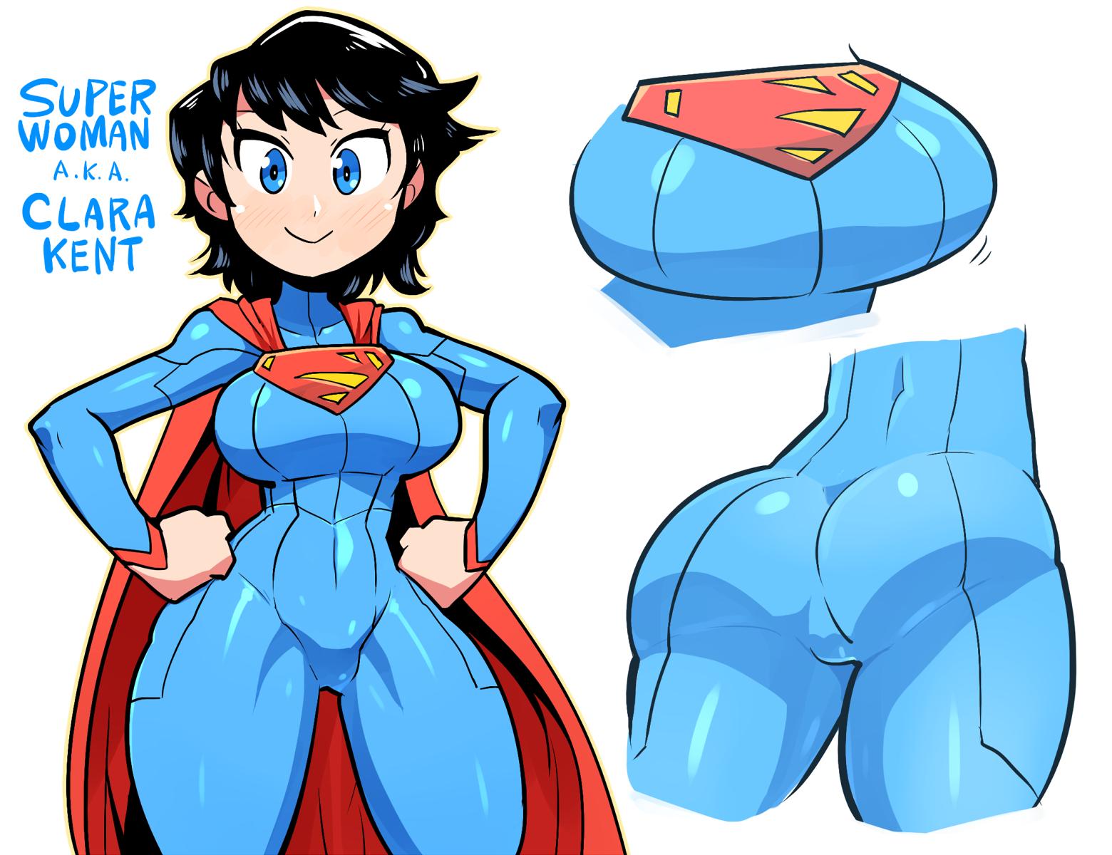 1girl :&gt; ass black_hair blue_bodysuit blue_eyes blush bodysuit breasts bright_pupils cape character_name closed_mouth commentary covered_navel english_commentary genderswap genderswap_(mtf) hands_on_hips highres large_breasts long_sleeves looking_at_viewer rariatto_(ganguri) red_cape simple_background smile solo standing superman superman_(series) white_background wide_hips