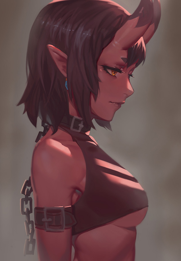 1girl arm_belt bare_shoulders belt_collar breasts brown_hair chain closed_mouth collar crop_top earrings from_side grey_background horns jewelry kidouko_(zakusi) medium_breasts oni original pointy_ears profile red_oni red_skin short_hair solo yellow_eyes zakusi