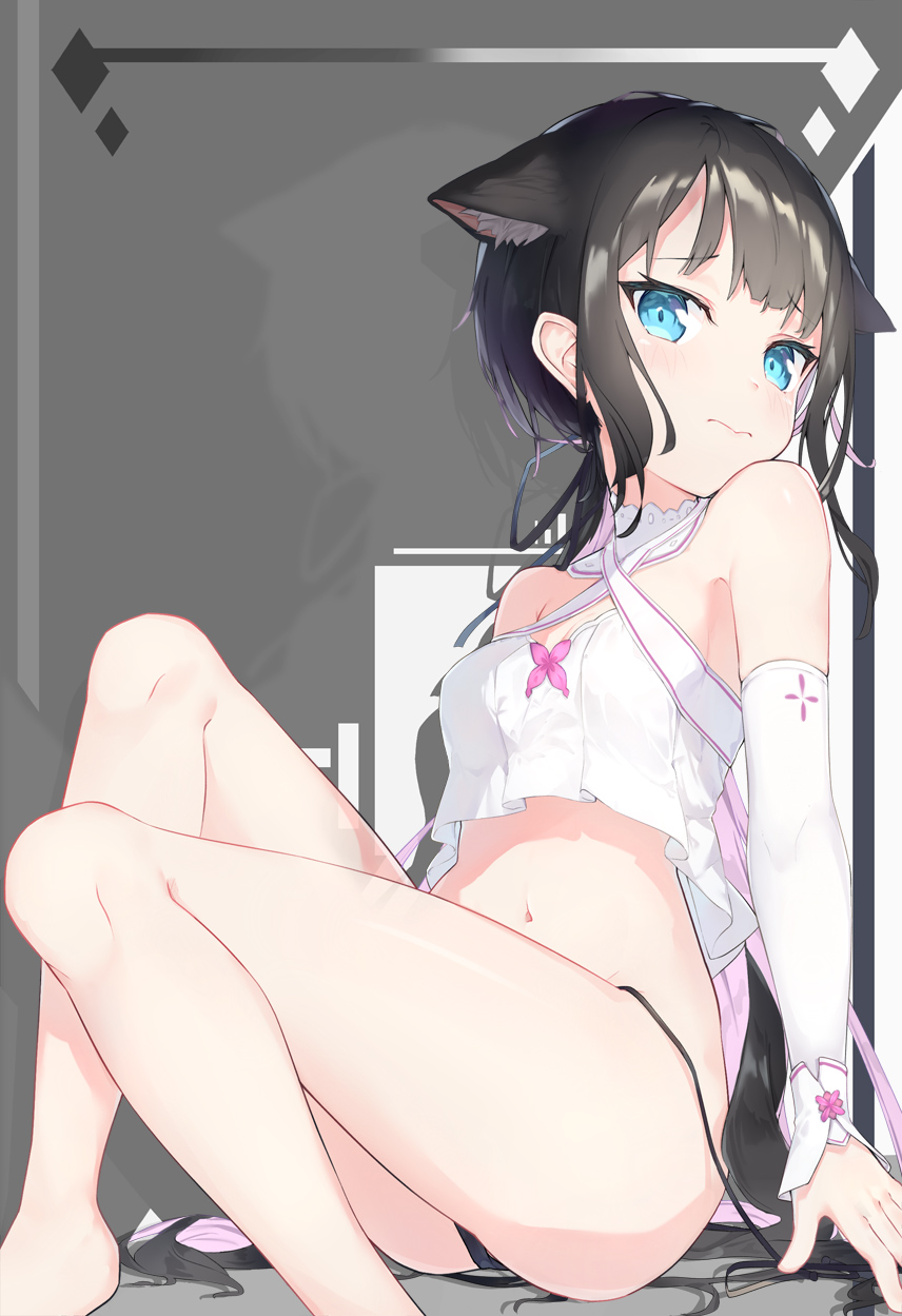 1girl 3: animal_ears ass bare_legs bare_shoulders barefoot black_hair black_panties blue_eyes breasts cat_ears criss-cross_halter crop_top crop_top_overhang detached_collar detached_sleeves extra_ears frown halterneck highres knees_up long_hair long_sleeves looking_at_viewer medium_breasts mishuo_(misuo69421) navel no_pants original panties shirt side-tie_panties sidelocks solo stomach string_panties thighs underwear very_long_hair white_shirt