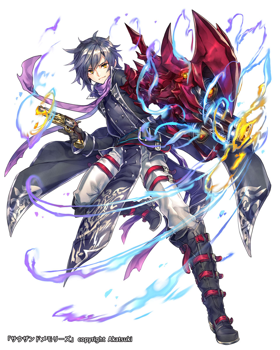1boy belt black_coat black_gloves black_legwear boots closed_mouth coat fire gloves grey_hair gun highres holding holding_gun holding_weapon male_focus official_art purple_scarf renta_(deja-vu) scarf simple_background smile solo thousand_memories weapon white_background yellow_eyes