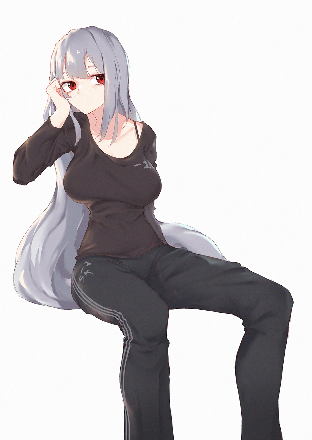 1girl alternate_costume arknights arm_behind_back bangs black_pants black_shirt blush bra_strap breasts casual closed_mouth collarbone expressionless feet_out_of_frame hand_on_own_cheek highres inniyik invisible_chair large_breasts long_hair long_sleeves pants red_eyes shirt silver_hair simple_background sitting skadi_(arknights) solo track_pants very_long_hair white_background