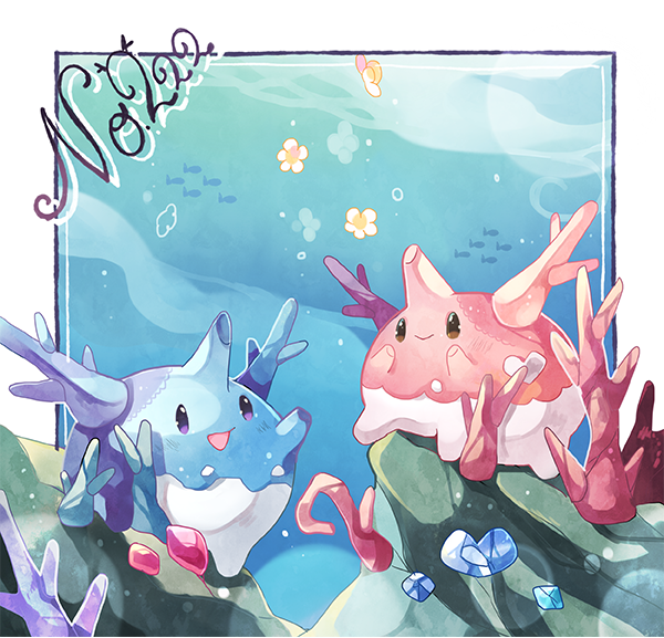 :d alternate_color chaloc7 closed_mouth corsola creature flower gen_2_pokemon happy horns no_humans number open_mouth pokemon pokemon_(creature) pokemon_number shiny_pokemon smile underwater violet_eyes water