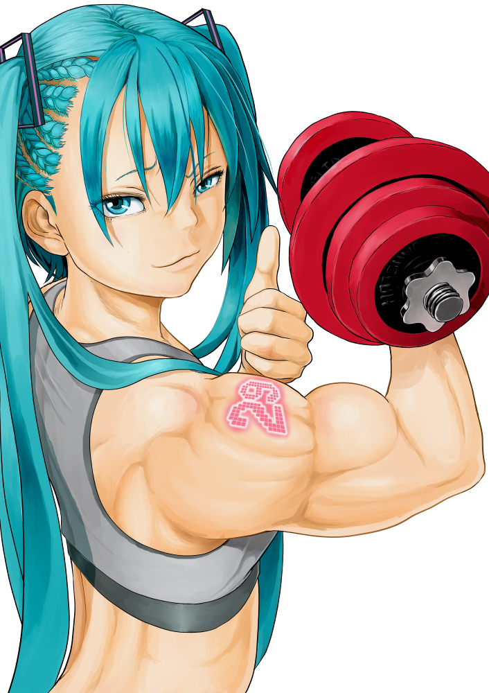 1girl aqua_eyes aqua_hair bangs biceps bra braid closed_mouth cornrows dumbbell eyes_visible_through_hair from_behind glowing_tattoo grey_bra hair_between_eyes hatsune_miku long_hair looking_at_viewer looking_back muscle muscular_female pachimon raised_eyebrow shirtless simple_background smile solo sports_bra tattoo thumbs_up twintails underwear upper_body very_long_hair vocaloid weightlifting white_background