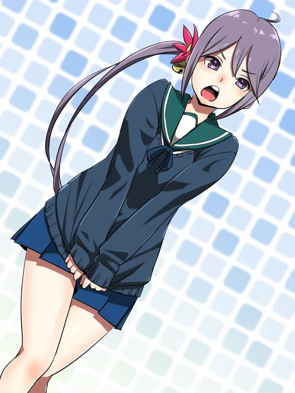 1girl ahoge akebono_(kantai_collection) bell commentary_request dutch_angle flower frown hair_flower hair_ornament jingle_bell kantai_collection legs_together miniskirt open_mouth pleated_skirt purple_hair school_uniform serafuku shirt_pull side_ponytail skirt solo violet_eyes yohei_(pizzadev)