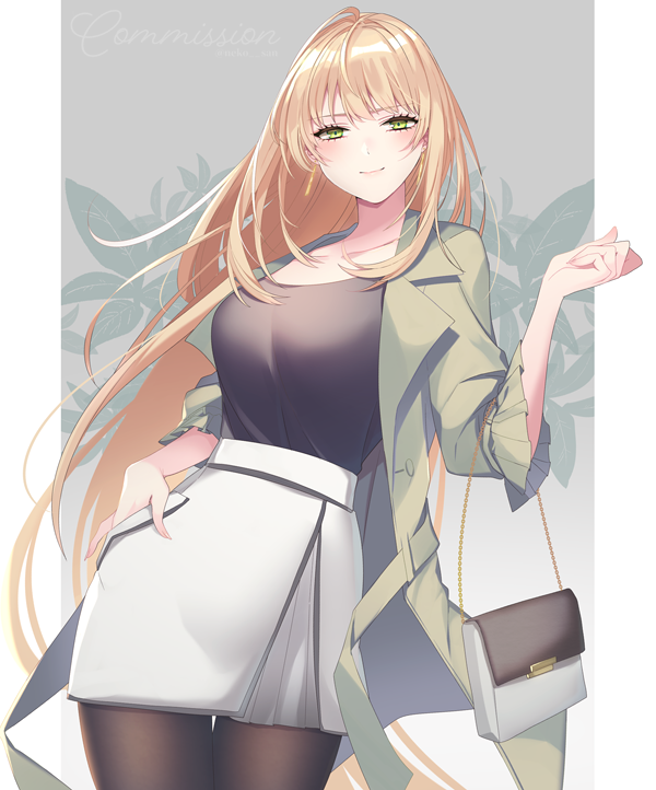 1girl bag bangs black_legwear black_shirt blonde_hair blush breasts closed_mouth coat commission earrings eyebrows_visible_through_hair green_coat green_eyes grey_background hand_on_hip hand_up handbag jewelry long_hair looking_at_viewer medium_breasts neko-san_(dim.dream) open_clothes open_coat original pantyhose shirt short_sleeves skirt smile solo two-tone_background very_long_hair watermark white_background white_skirt