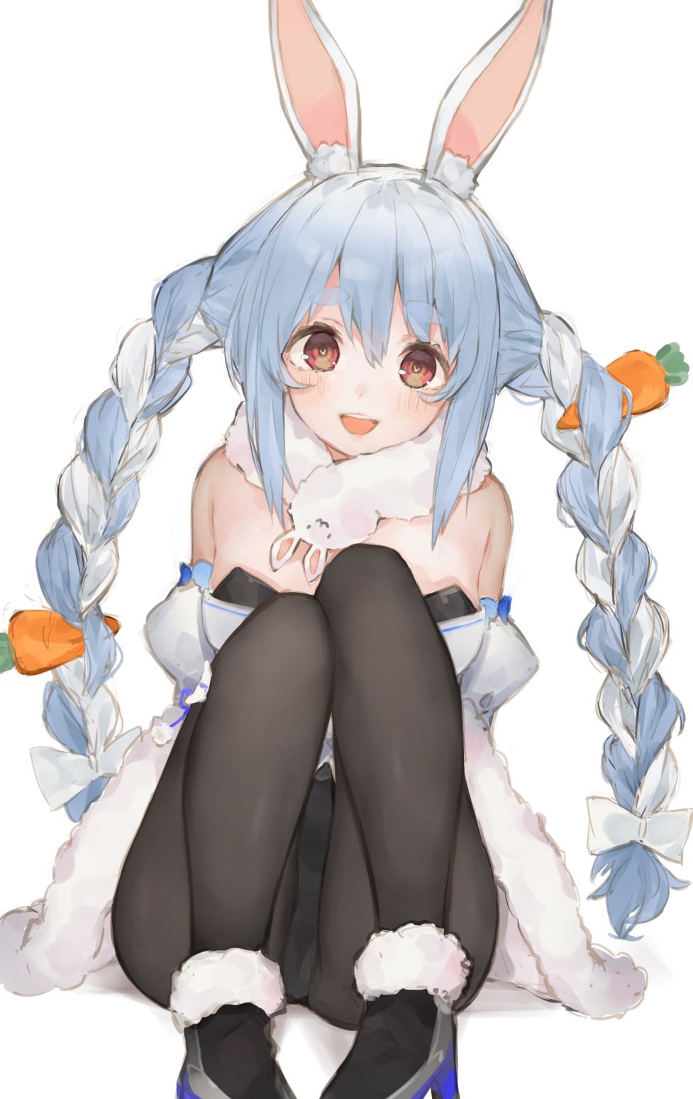 1girl animal_ear_fluff animal_ears bangs bare_shoulders black_gloves blue_hair blush braid bunny_girl bunnysuit carrot carrot_hair_ornament coat food_themed_hair_ornament fur_trim gloves hair_ornament highres hololive long_hair looking_at_viewer multicolored_hair open_mouth rabbit_ears red_eyes rippootai scarf simple_background sitting sketch solo thighs twin_braids usada_pekora virtual_youtuber white_background white_coat white_hair