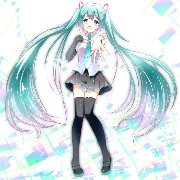 1girl aqua_hair bangs black_footwear black_skirt black_sleeves blue_neckwear boots collared_shirt detached_sleeves floating_hair full_body gradient_hair green_eyes hair_between_eyes hatsune_miku long_hair long_sleeves looking_at_viewer miniskirt multicolored_hair music necktie open_mouth outstretched_arm outstretched_hand pleated_skirt reaching_out shiny shiny_footwear shiny_hair shirt silver_hair singing skirt sleeveless sleeveless_shirt solo standing thigh-highs thigh_boots twintails very_long_hair vocaloid white_background white_shirt wing_collar yamaneko_suzume zettai_ryouiki