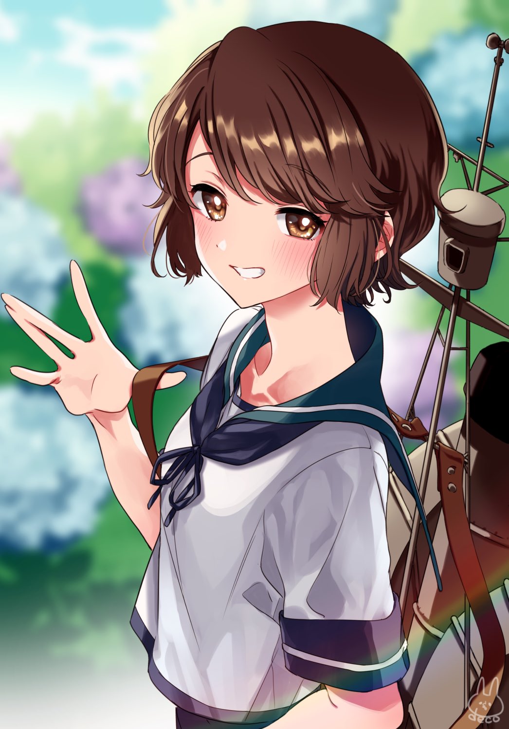 1girl bangs blue_sailor_collar blurry blurry_background blush brown_eyes brown_hair deco_(geigeki_honey) eyebrows_visible_through_hair flower grin highres hydrangea kantai_collection miyuki_(kantai_collection) rainbow rigging sailor_collar school_uniform serafuku short_hair short_sleeves signature smile solo upper_body