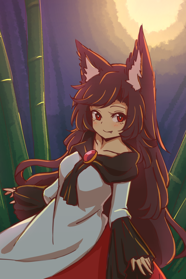 1girl animal_ears bamboo bangs blush breasts brooch brown_hair collarbone commentary cowboy_shot dress fang fang_out frilled_sleeves frills imaizumi_kagerou jewelry long_hair long_sleeves looking_at_viewer medium_breasts night night_sky outdoors red_eyes sky smile solo touhou white_dress wide_sleeves wolf_ears wool_(miwol)