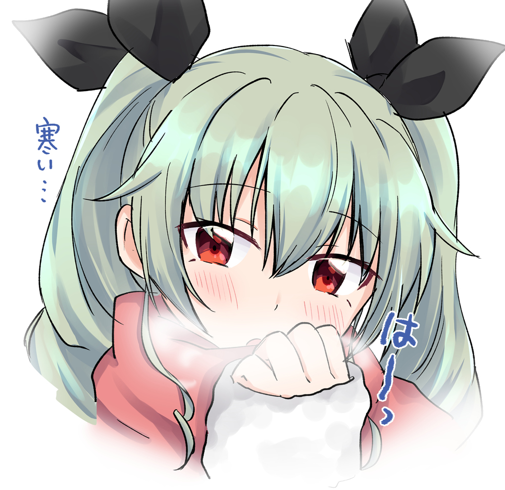 1girl anchovy_(girls_und_panzer) bangs black_ribbon blush breath commentary drill_hair eyebrows_visible_through_hair girls_und_panzer green_hair hair_ribbon katakori_sugita long_hair long_sleeves looking_at_viewer open_mouth portrait red_eyes red_scarf ribbon scarf solo translated twin_drills twintails
