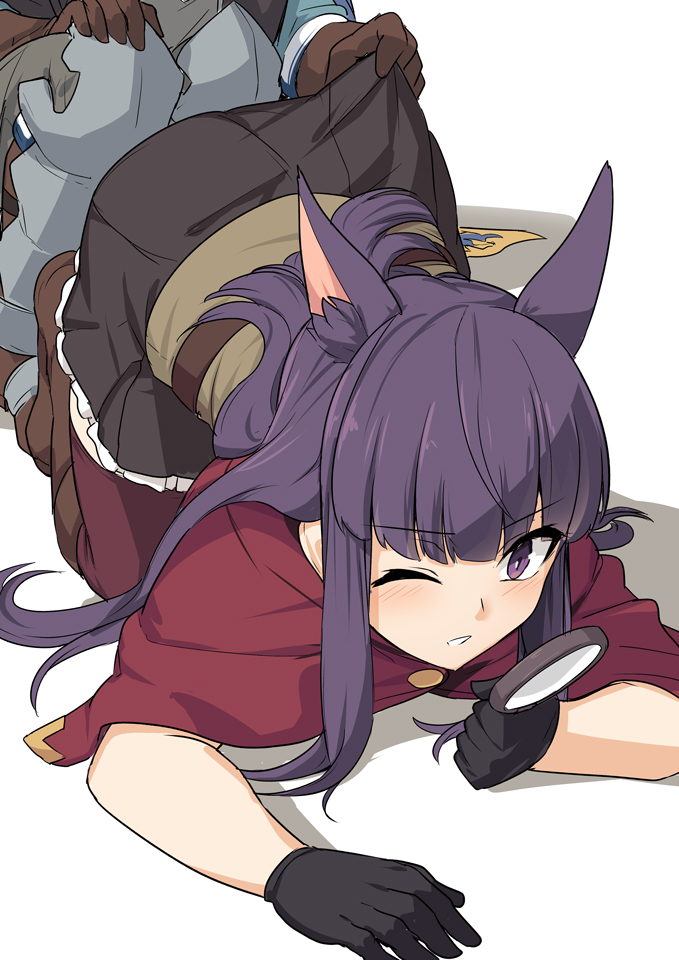 1girl all_fours animal_ears bangs belt black_gloves black_skirt blush boots breasts brown_belt brown_footwear capelet gloves kirihara_kasumi long_hair looking_at_viewer magnifying_glass one_eye_closed open_mouth princess_connect! princess_connect!_re:dive purple_hair purple_legwear red_capelet shiseki_hirame simple_background skirt skirt_lift small_breasts smile thigh-highs thighs violet_eyes white_background