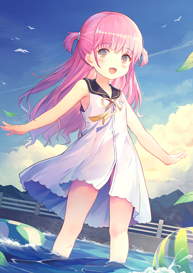 1girl :d animal ball bangs bare_arms bare_shoulders beachball bird black_sailor_collar blue_sky blush brown_eyes clouds commentary_request day dress eyebrows_visible_through_hair fang katou_umi leilin lifebuoy long_hair looking_at_viewer mountain neck_ribbon open_mouth outdoors pink_hair ribbon sailor_collar sailor_dress sky sleeveless sleeveless_dress smile solo standing summer_pockets transparent two_side_up very_long_hair wading water white_dress yellow_ribbon