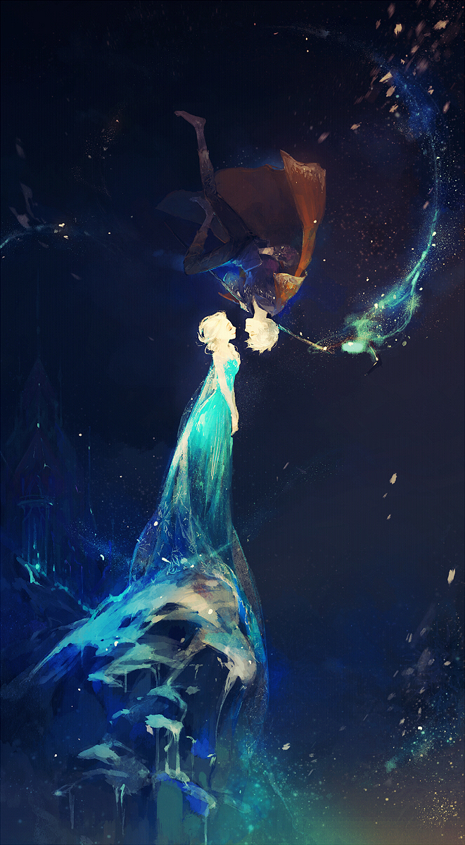 1boy 1girl blue_dress braid closed_eyes couple dress elsa_(frozen) floating frozen highres hood hoodie jack_frost long_hair long_sleeves magic mlcamaro_(artist) night pants rise_of_the_guardians rock short_hair smile snow white_hair