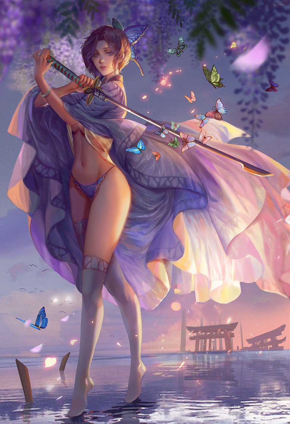 1girl asymmetrical_legwear bangle blue_butterfly bracelet breasts bug butterfly butterfly_hair_ornament fighting_stance green_butterfly hair_ornament haori highres holding holding_sword holding_weapon insect japanese_clothes jewelry katana kimetsu_no_yaiba kochou_shinobu lips medium_breasts navel no_bra no_pants no_shoes nose over-kneehighs panties purple_butterfly purple_hair purple_panties realistic short_hair solo sword thigh-highs tiptoes toned torii under_boob underwear violet_eyes walking walking_on_liquid water weapon white_butterfly white_legwear yang_fan