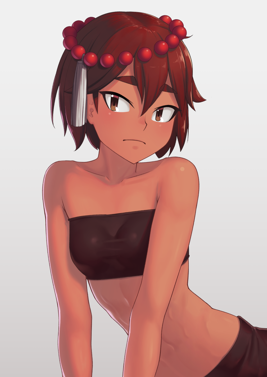 1girl abs ajna_(indivisible) beads breasts brown_eyes brown_hair closed_mouth collarbone dark_skin highres indivisible looking_at_viewer putchers ribs short_hair simple_background small_breasts solo strapless tubetop