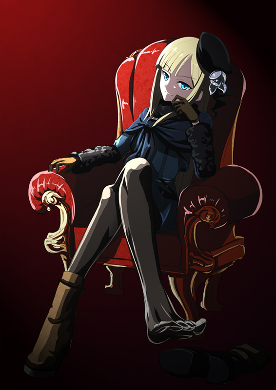 1girl ao_(korindou) asymmetrical_bangs bangs black_headwear black_legwear blonde_hair blue_capelet blue_dress blue_eyes boots brown_footwear brown_gloves capelet closed_mouth crossed_legs dress eyebrows_visible_through_hair fate_(series) full_body gloves hat long_hair lord_el-melloi_ii_case_files pantyhose reines_el-melloi_archisorte shiny shiny_hair short_dress single_boot sitting smile solo straight_hair thigh-highs