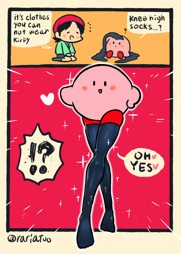 !? 1girl adeleine beanie black_legwear blush_stickers emphasis_lines english_text green_shirt hat heart kirby kirby_(series) kirby_64 long_sleeves notice_lines rariatto_(ganguri) shirt smile sparkle thigh-highs twitter_username