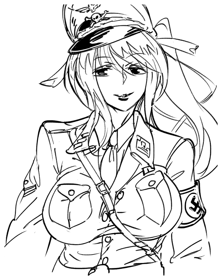 1girl armband bangs bb_(baalbuddy) between_breasts breasts closed_mouth collared_jacket collared_shirt eyebrows_visible_through_hair greyscale high_school_dxd himejima_akeno jacket large_breasts long_hair looking_at_viewer military military_uniform monochrome nazi nazi_flag necktie shirt simple_background skull_and_crossbones smile solo strap_between_breasts swastika uniform upper_body white_background wing_collar