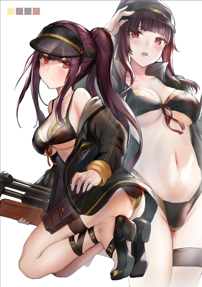 1girl ass bangs bikini black_bikini black_footwear black_headwear black_jacket blunt_bangs blush breasts bullpup closed_mouth color_guide eyebrows_visible_through_hair front-tie_bikini front-tie_top girls_frontline groin gun highleg highleg_bikini jacket large_breasts long_hair long_sleeves multiple_views navel open_clothes open_jacket open_mouth ponytail qian_wu_atai red_eyes red_ribbon ribbon rifle sandals sidelocks simple_background sniper_rifle stomach swimsuit thigh_pouch thigh_strap under_boob very_long_hair violet_eyes visor_cap wa2000_(girls_frontline) walther walther_wa_2000 weapon white_background