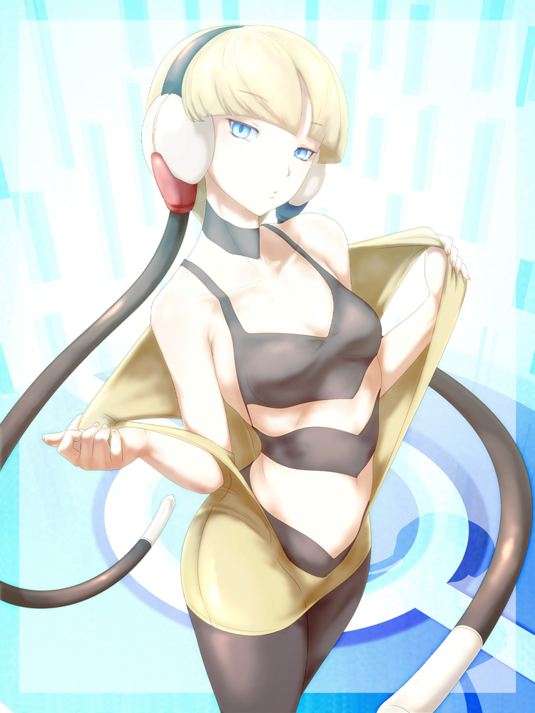 1girl blonde_hair blue_eyes breasts closed_mouth gym_leader headphones kamitsure_(pokemon) kous_(onetwojustice) looking_at_viewer navel pantyhose pokemon pokemon_(game) pokemon_bw short_hair solo undressing