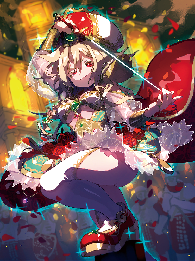 1girl armband bangs blonde_hair braid braided_ponytail breasts flower hair_between_eyes hat holding holding_sword holding_weapon jewelry original petals ponytail rabbit_monster rapier red_eyes red_flower red_footwear rose see-through_sleeves sword thigh-highs thighs under_boob weapon white_legwear