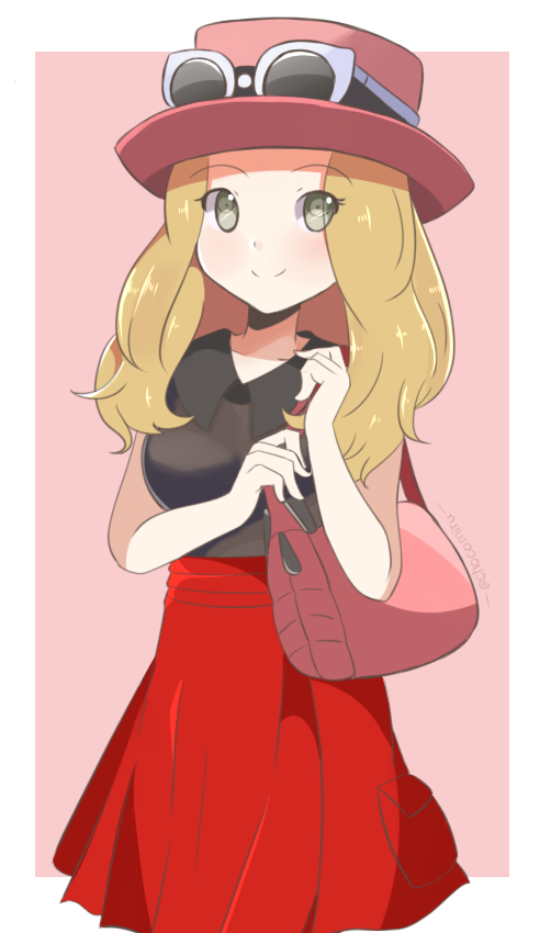 1girl blonde_hair blush breasts chocomiru closed_mouth eyewear_on_head hat long_hair looking_at_viewer pokemon pokemon_(game) pokemon_xy serena_(pokemon) skirt sleeveless smile solo sunglasses