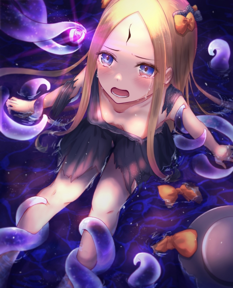 1girl abigail_williams_(fate/grand_order) bangs black_bow black_dress blonde_hair blue_eyes blush bow breasts collarbone dress fate/grand_order fate_(series) forehead hair_bow long_hair looking_at_viewer multiple_bows open_mouth orange_bow parted_bangs polka_dot polka_dot_bow sanka_tan sitting small_breasts solo tears tentacles thighs torn_clothes torn_dress