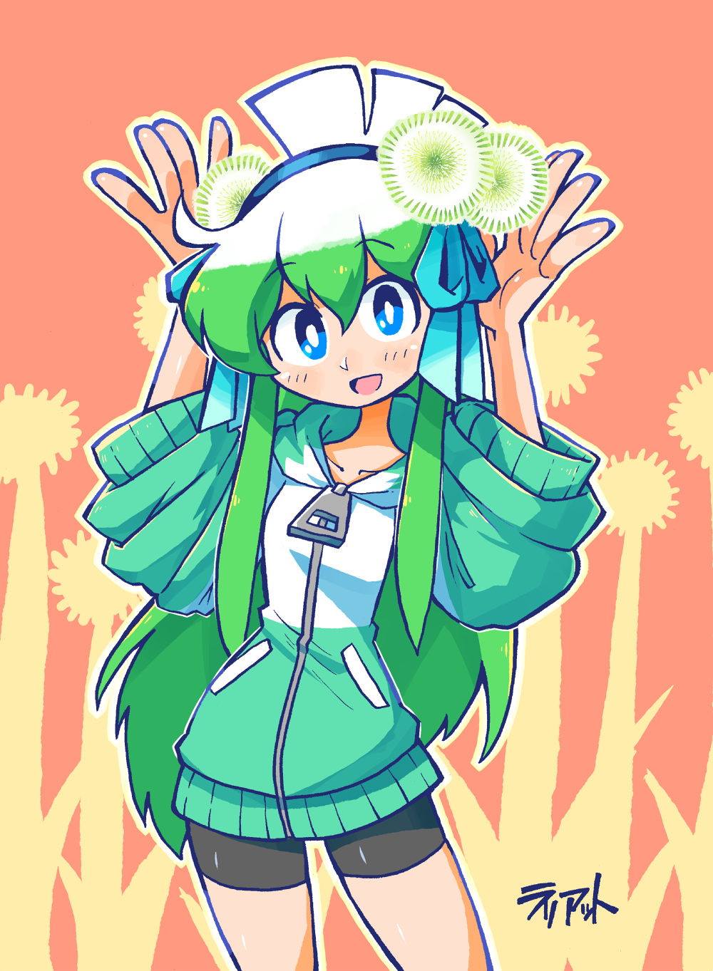 1girl :d bike_shorts blue_eyes blue_ribbon blush bright_pupils commentary contrapposto english_commentary eyebrows_visible_through_hair flower flower_request green_hair hair_flower hair_ornament hair_ribbon hands_up highres hood hood_down hoodie konegi_(rariatto) long_hair looking_at_viewer multicolored_hair open_mouth original rariatto_(ganguri) ribbon signature smile solo spring_onion standing two-tone_hair very_long_hair wide_sleeves zipper