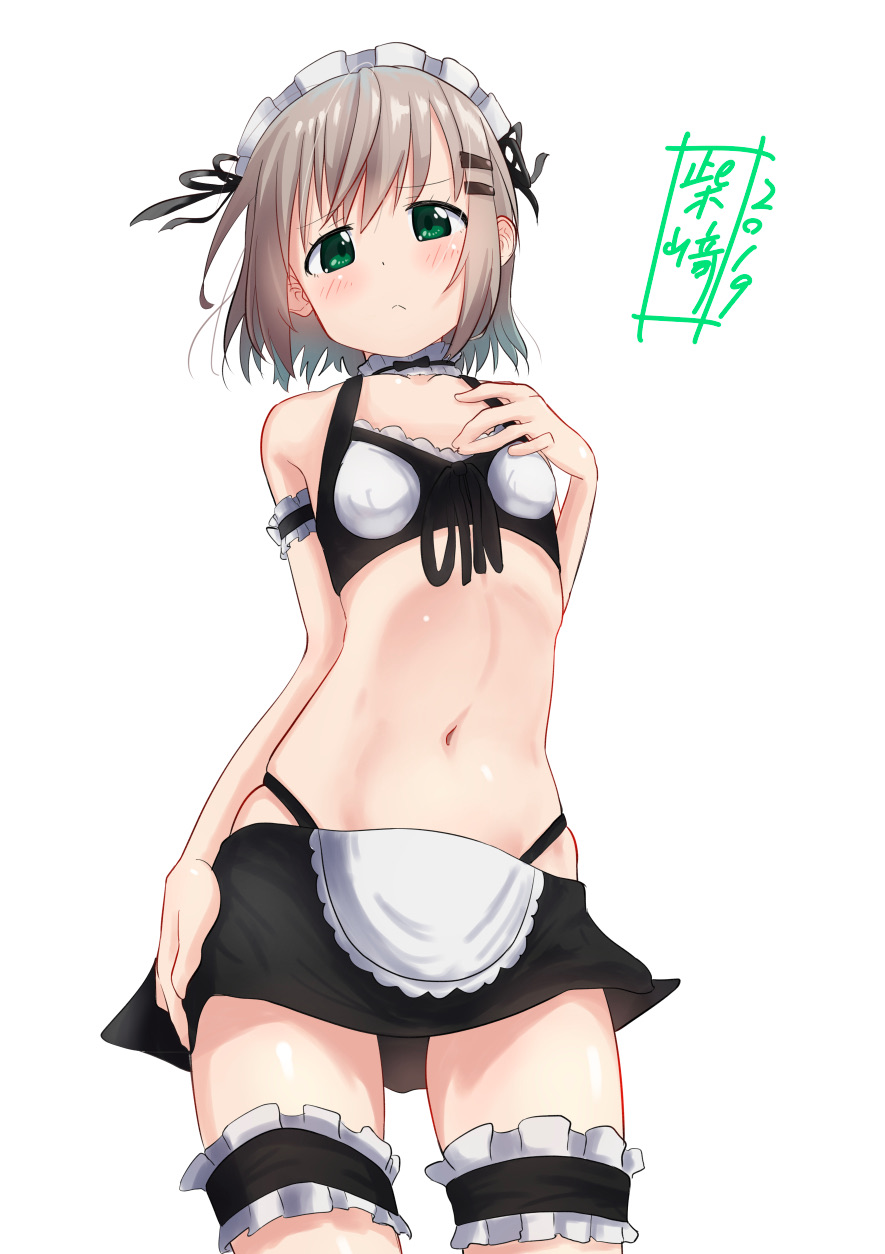 1girl alternate_costume apron black_skirt blush breasts brown_hair choker closed_mouth collarbone enmaided eyebrows_visible_through_hair from_below green_eyes hair_ornament hairclip hand_on_own_chest highres hip_bones kohshibasaki looking_at_viewer looking_down maid maid_apron maid_headdress midriff miniskirt navel shiny shiny_hair shiny_skin short_hair simple_background skirt small_breasts solo standing white_background yama_no_susume yukimura_aoi